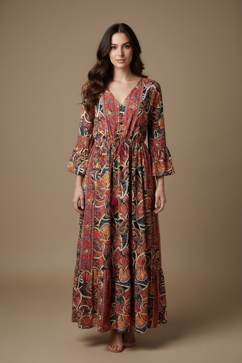 Boho Maxi Kleid Altrosa Dunkelblau Paisley – Studio Hauptbild