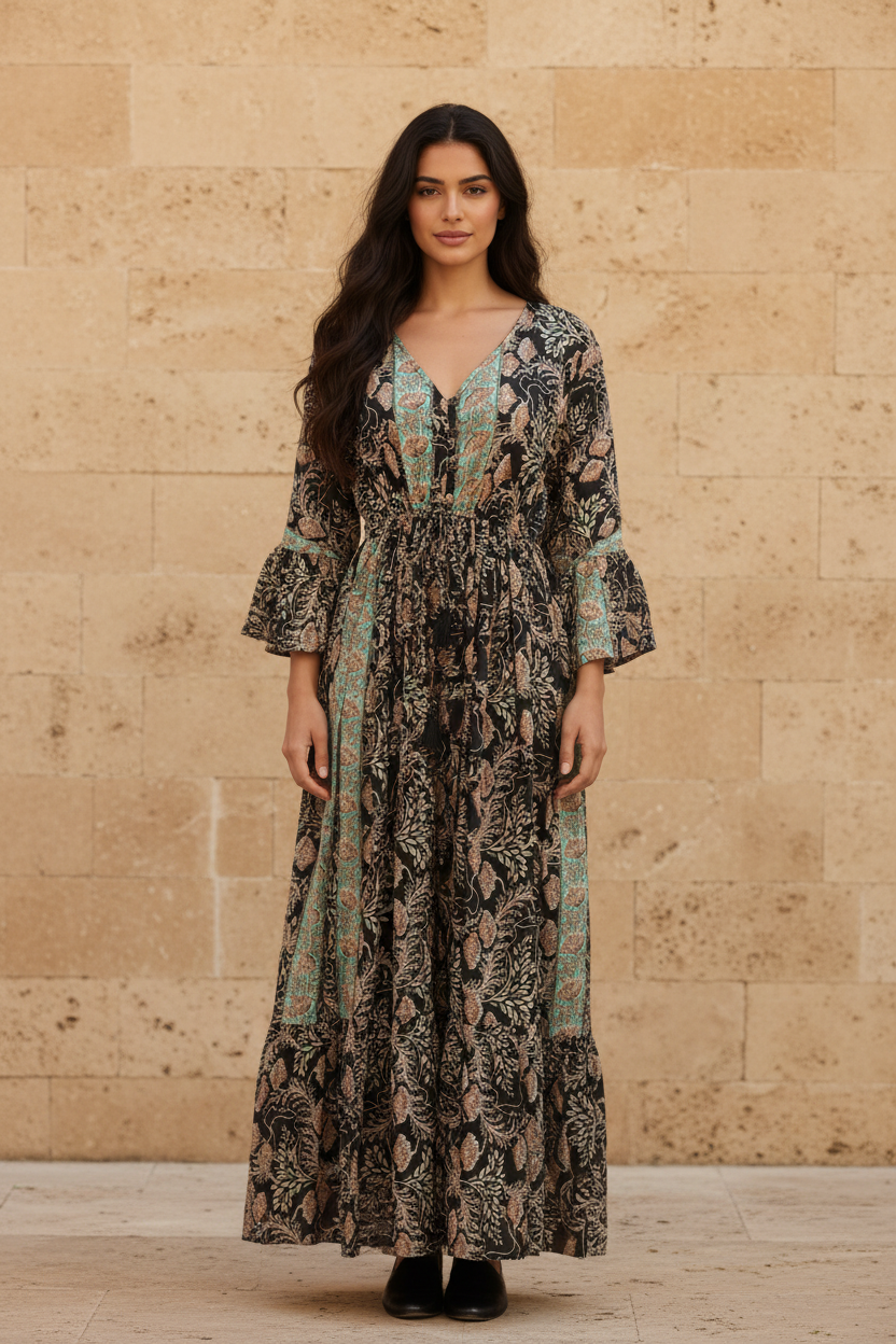 Boho Maxi Kleid Schwarz Mint Blockprint – Steinwand