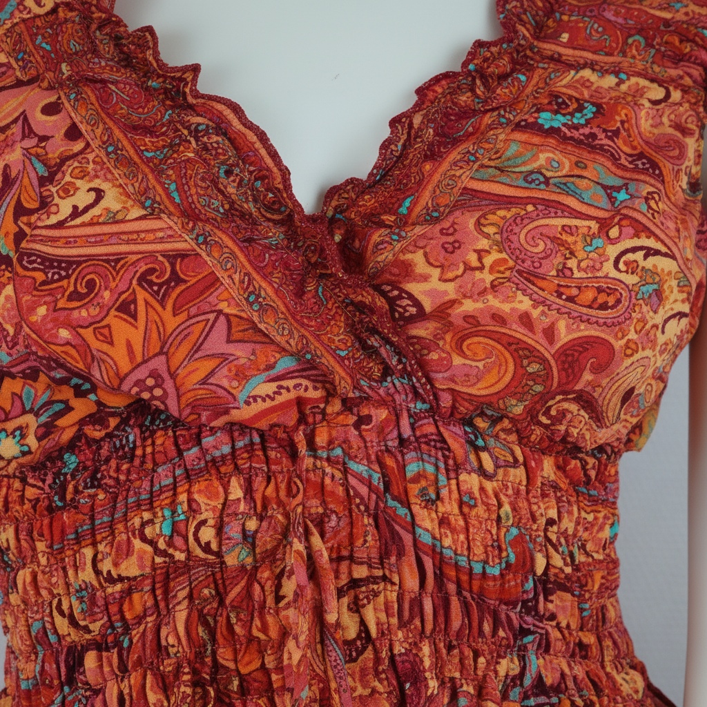 Sommerkleid Alia Rot/Orange Paisley – Detailshot