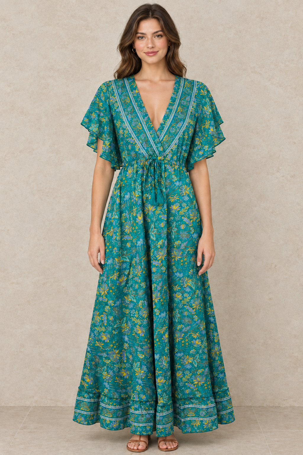 Boho Maxikleid Türkis Petrol vor Steinwand