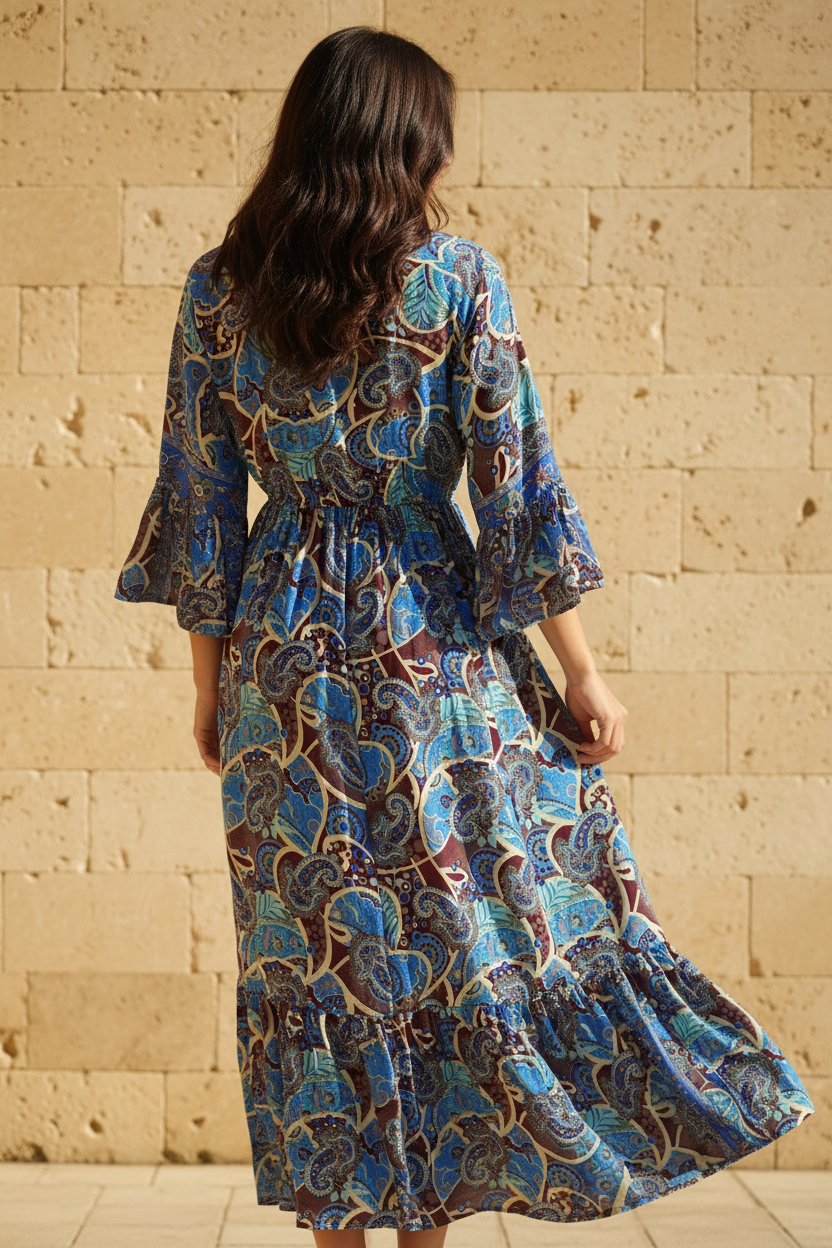 Boho Maxi Kleid Kobaltblau Bordeaux Paisley – Rückseite Steinwand