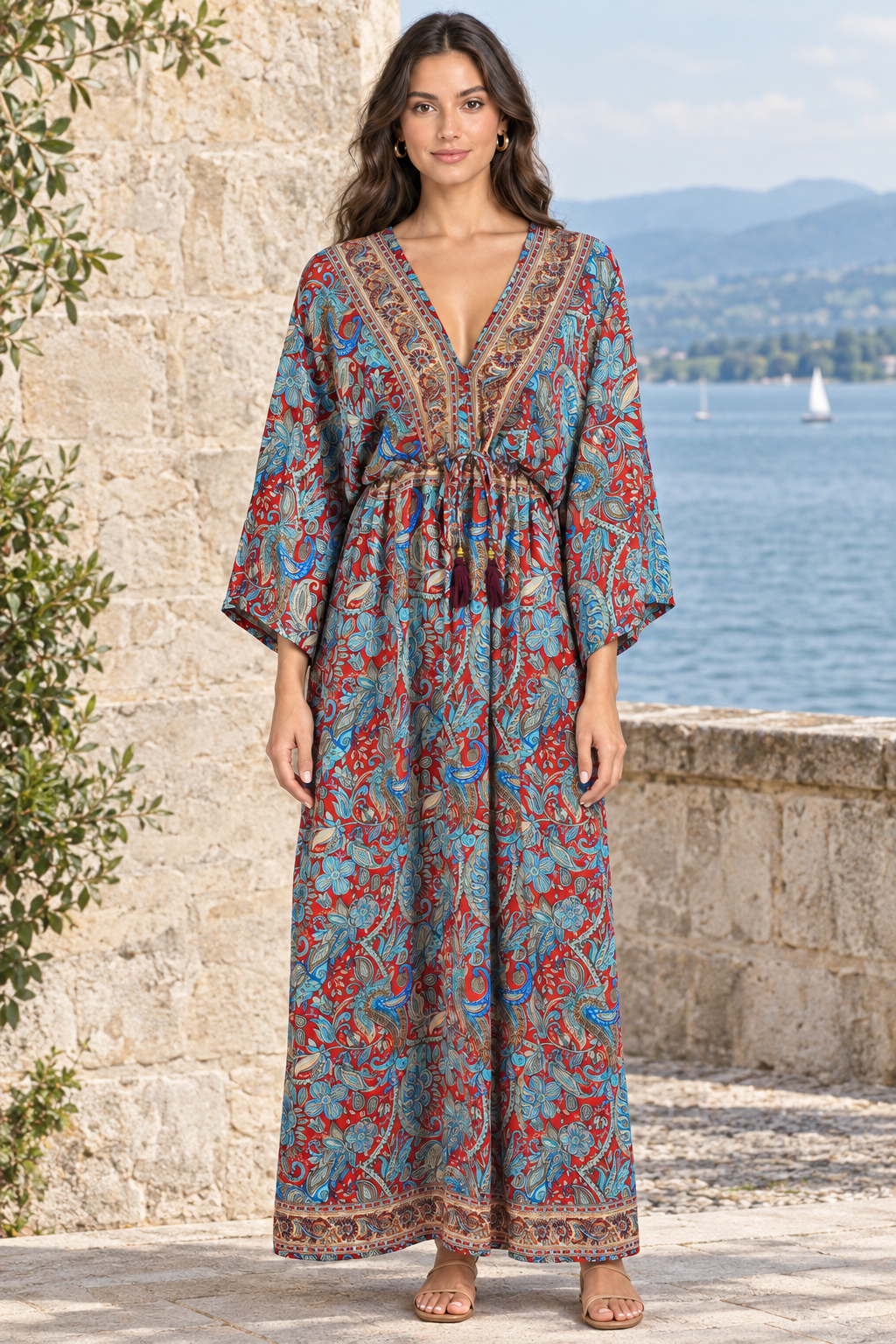 Boho Kaftan in Rot und Blau vor heller Steinwand