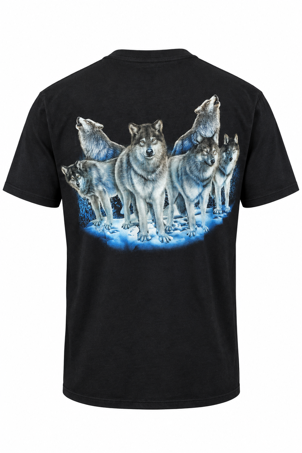 Rückseite des Alpha Wolf Pack T-Shirts mit großem Wolfsrudel-Motiv