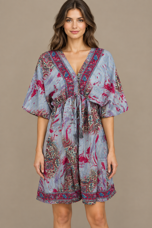 Boho Tunika in Silbergrau und Pink – Vorderansicht im Studio