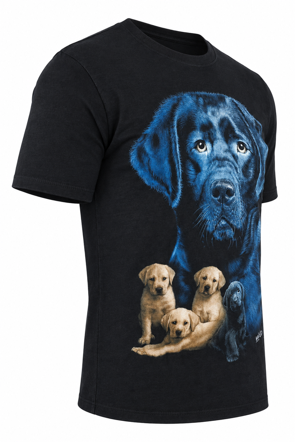 Black Labrador Family T-Shirt in der Seitenansicht auf digitalem Shop-Weiß