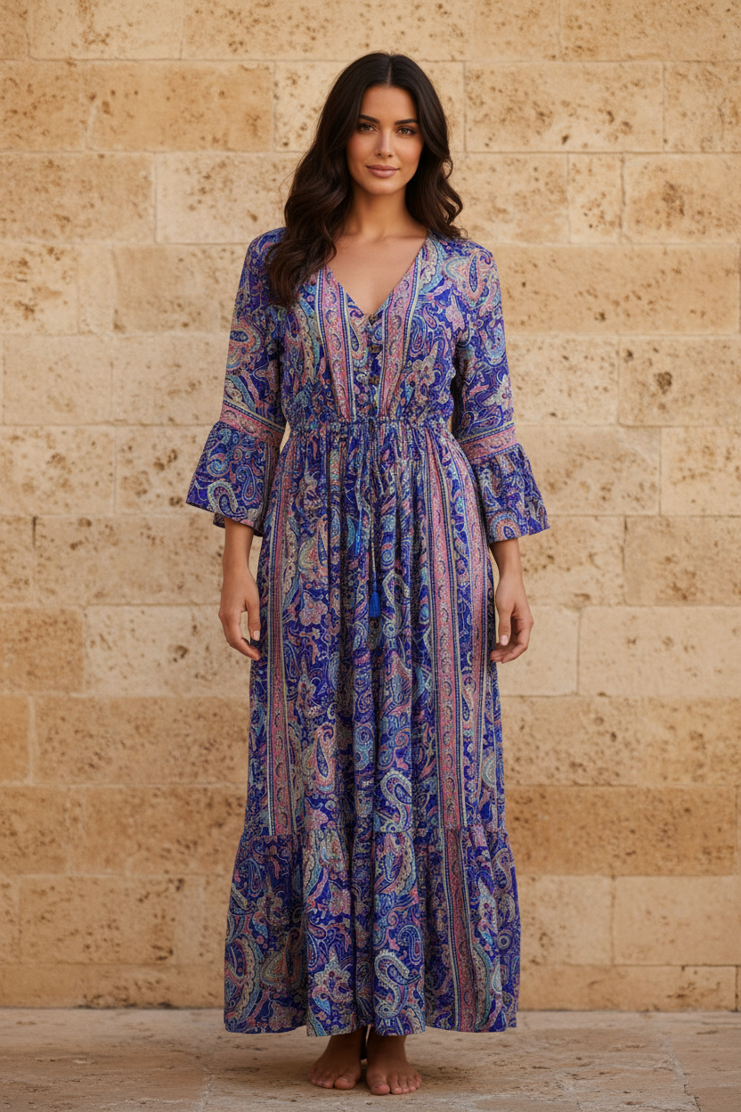 Boho Maxi Kleid Blau Lila Paisley – Steinwand Stehend
