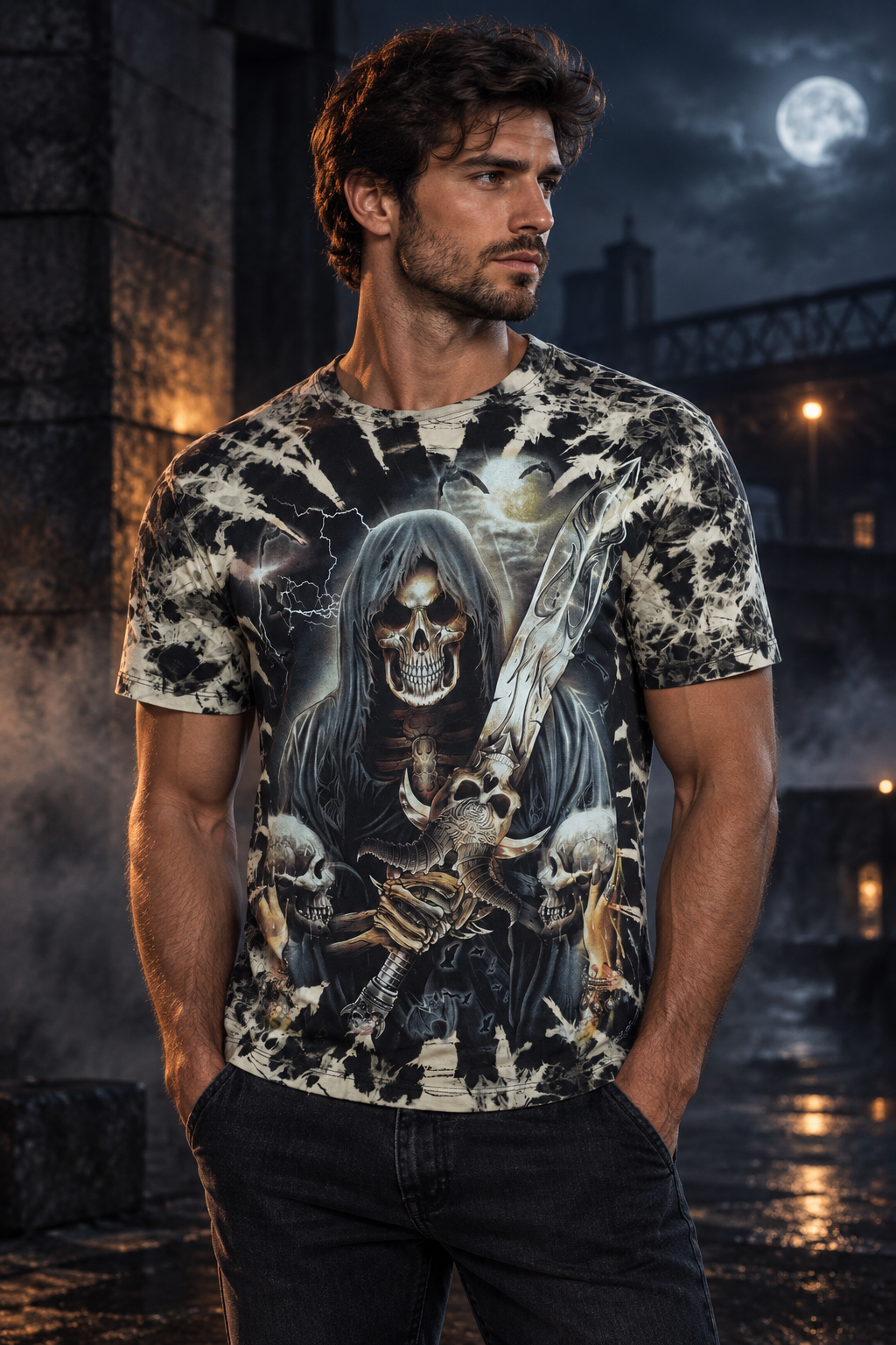 Model trägt das Skull Warrior Tie-Dye T-Shirt in einer nächtlichen Dark-Streetwear-Szene