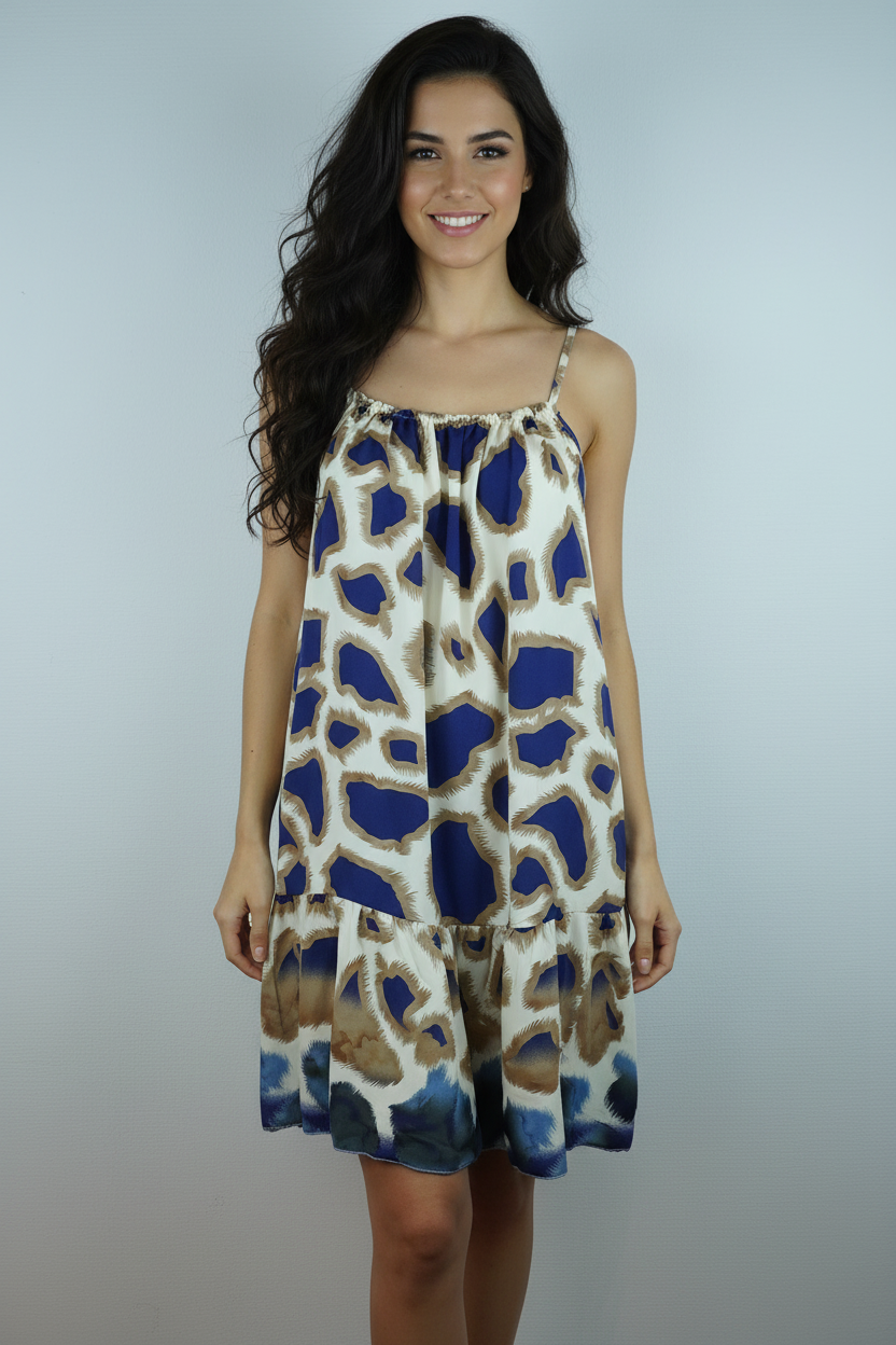 Sommerkleid Animal Print Creme Blau vorne