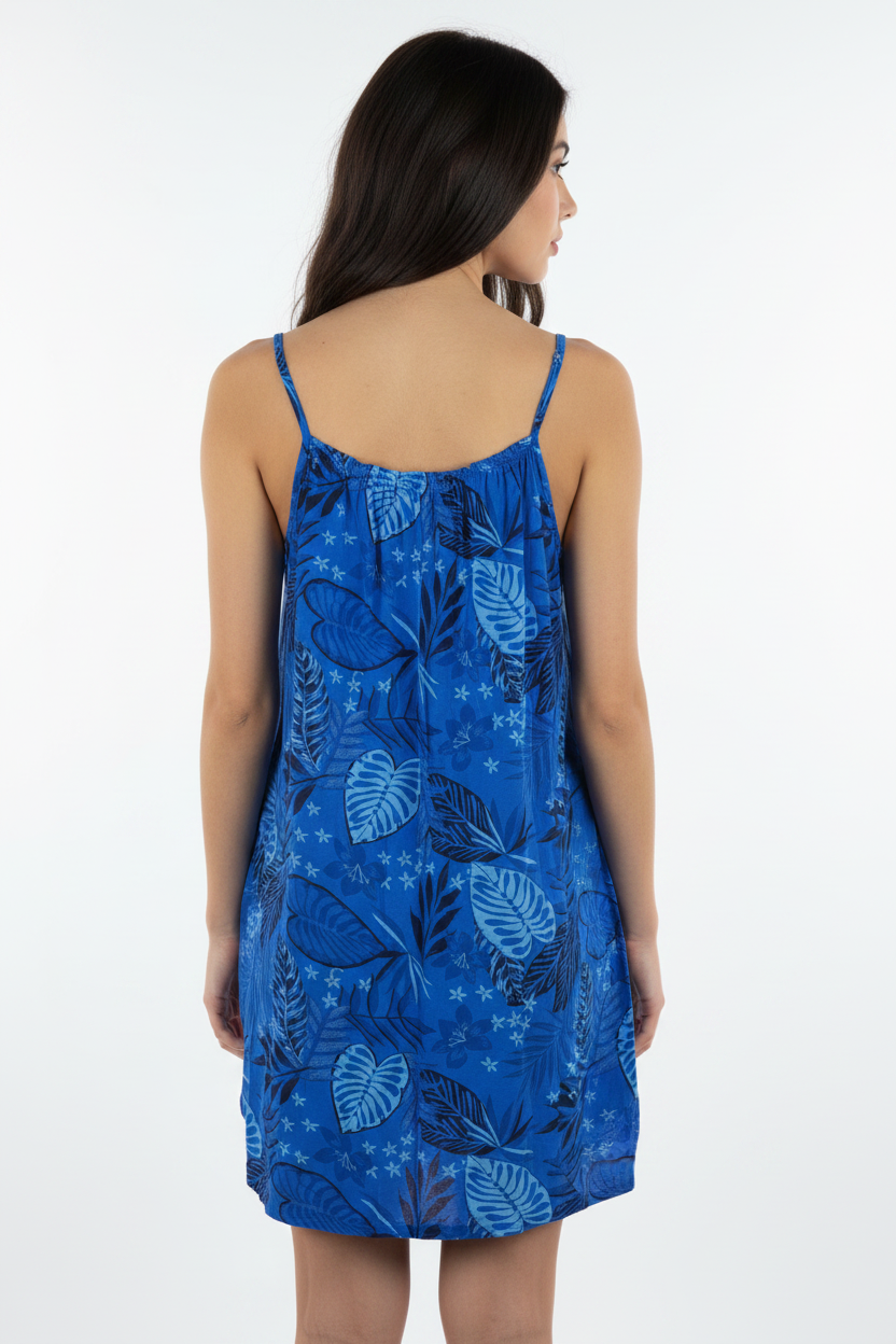 Sommerkleid Tropical Royalblau Rückansicht KI