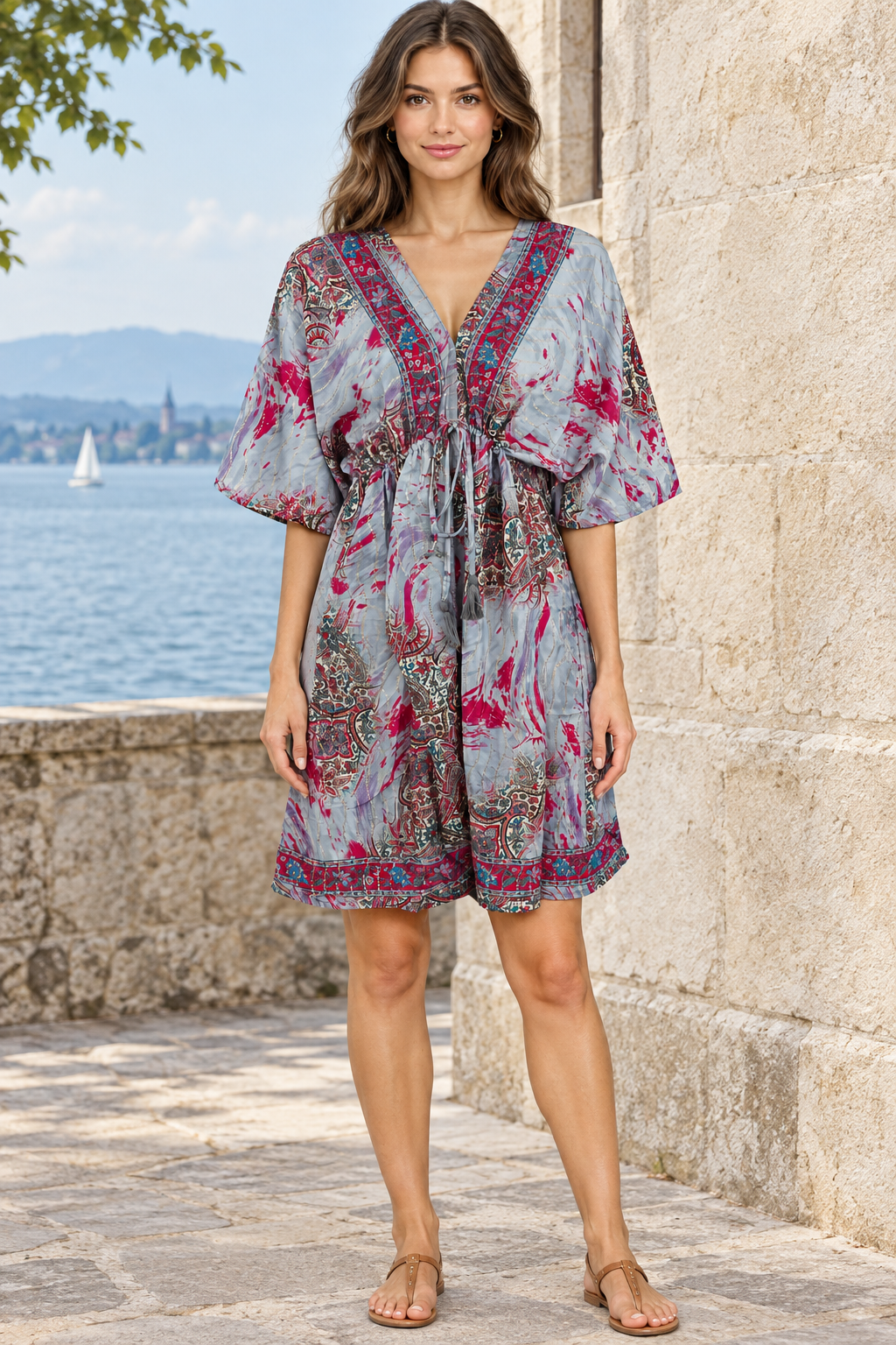 Boho Tunika in Silbergrau und Pink vor heller Steinwand
