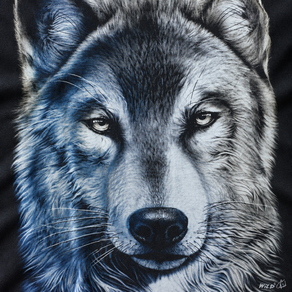 Detailaufnahme von Wolfsaugen, Schnauze, Fellstruktur und Baumwollstoff