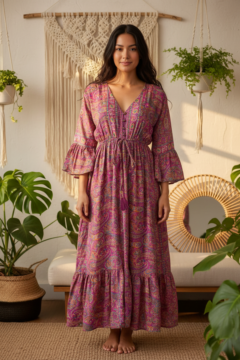Boho Maxi Kleid Magenta Lila Paisley – Boho Stehend