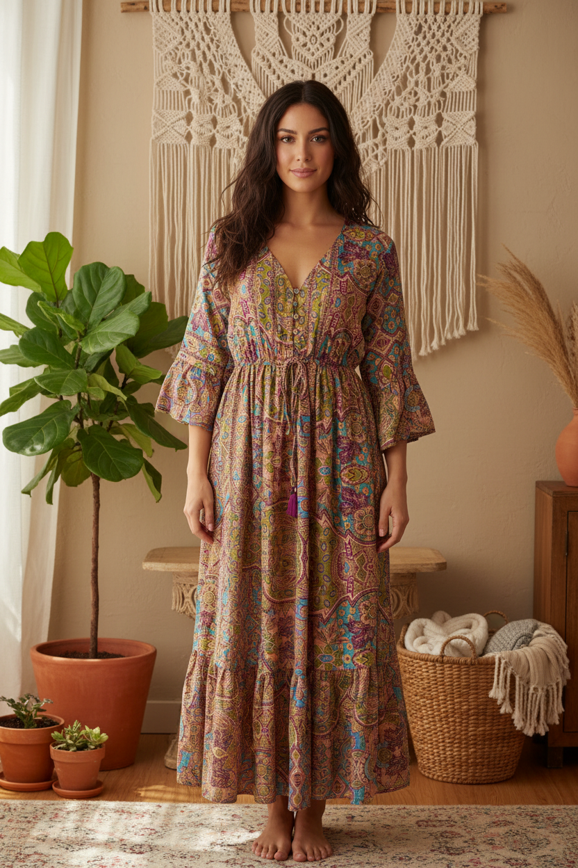 Boho Maxi Kleid Peach Türkis Patchwork – Boho Stehend