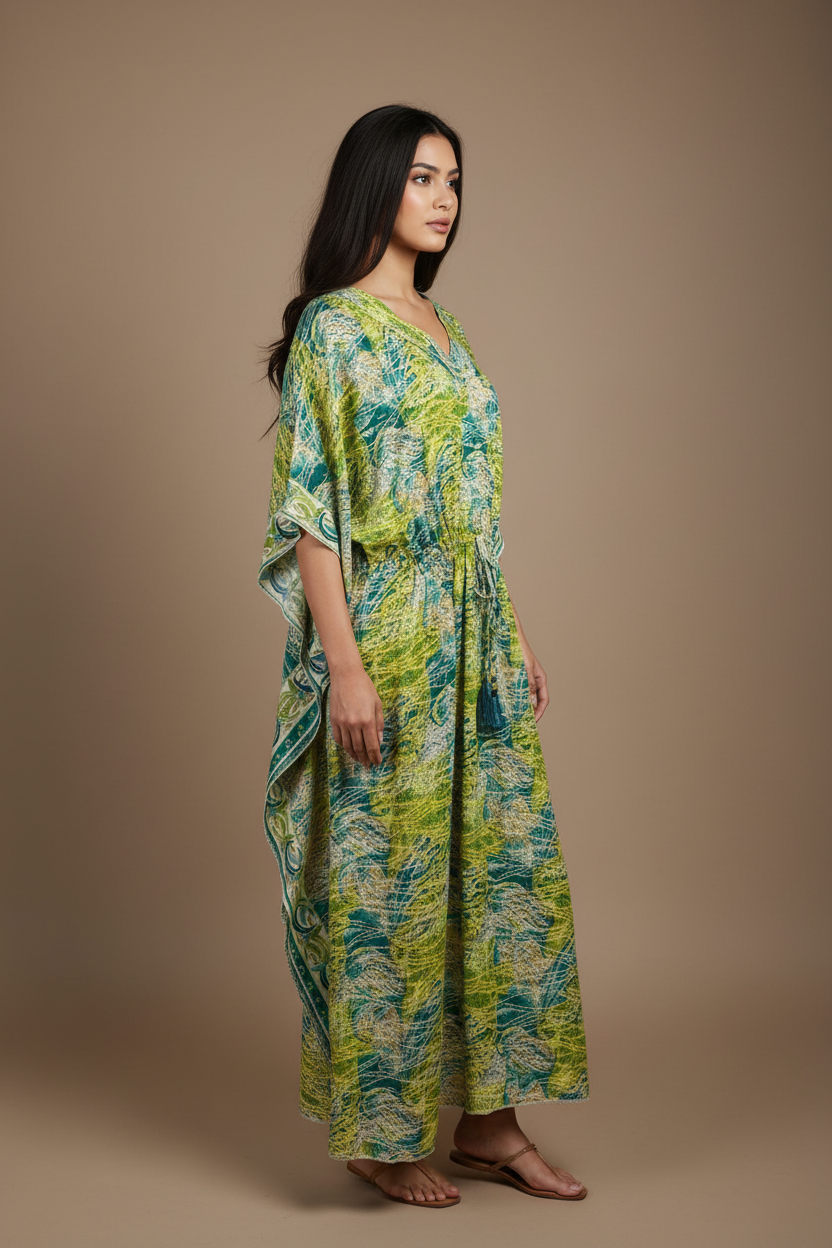 Boho Kaftan Grün Türkis Feder-Print – Seitenansicht