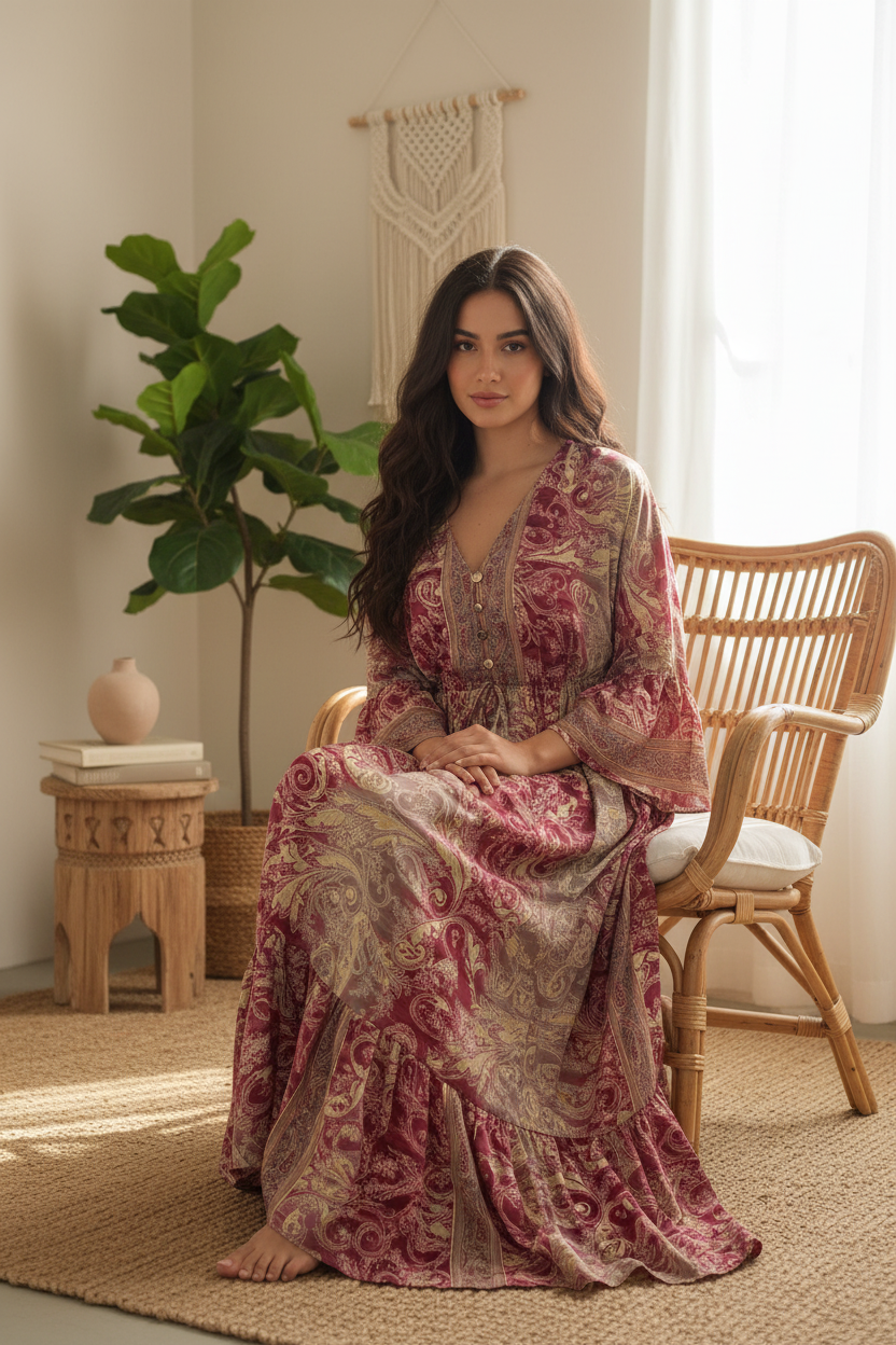 Boho Maxi Kleid Bordeaux Creme Baroque Paisley – Sitzbild