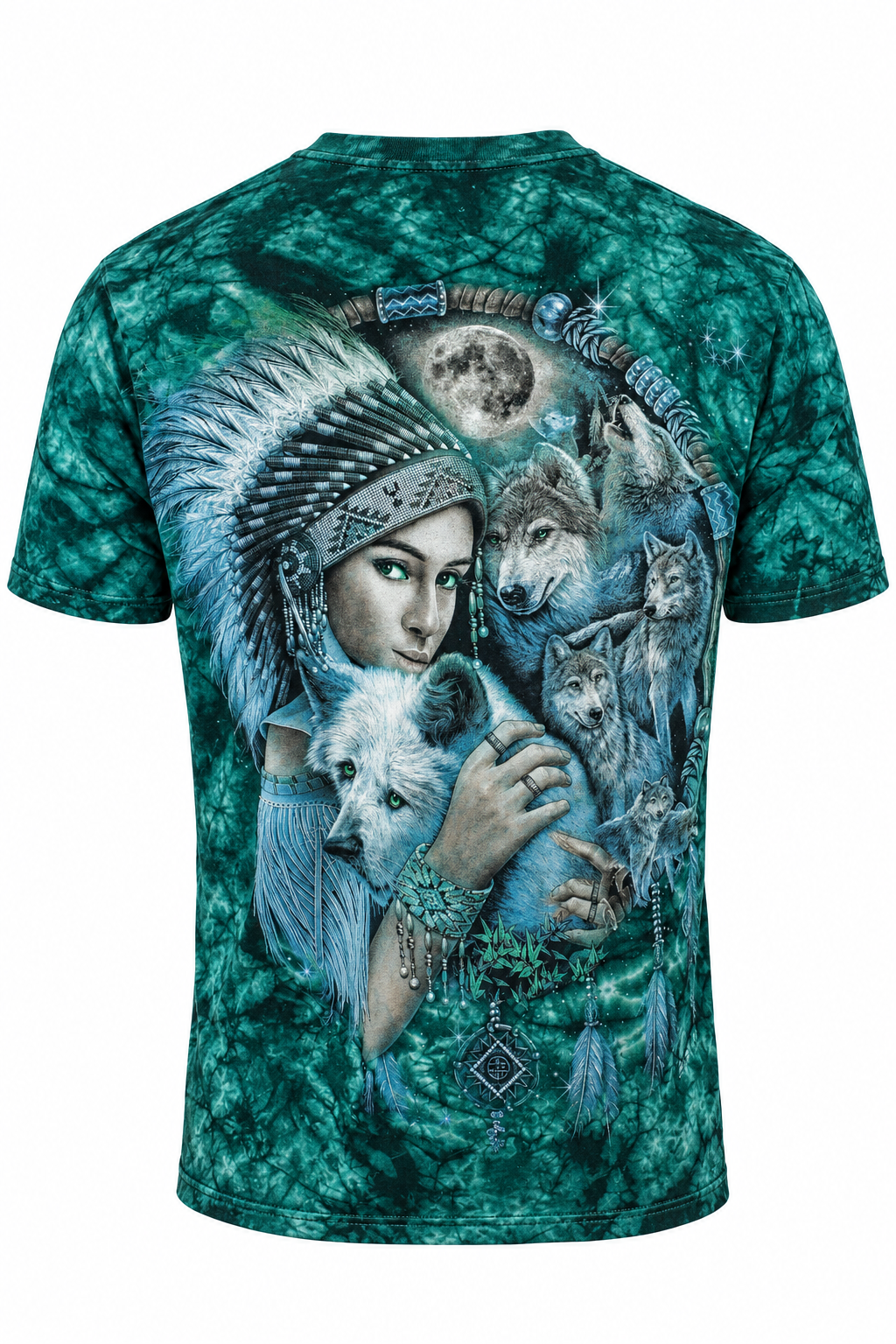 Rückseite des Green Spirit Wolf T-Shirts mit großem Wolf- und Mondmotiv