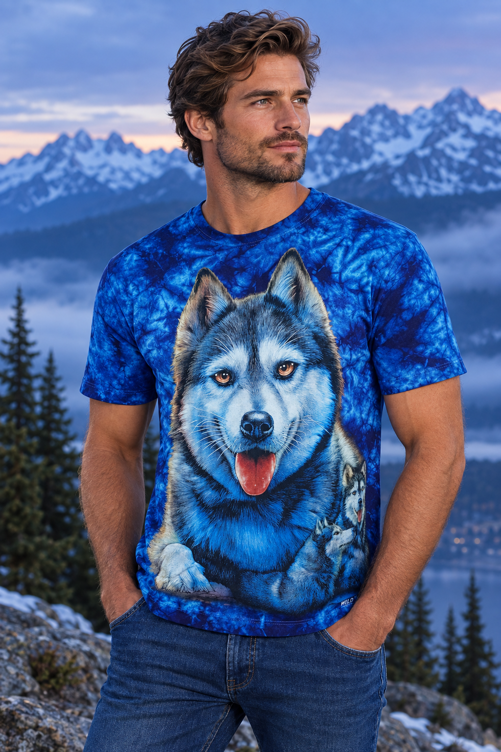 Model trägt das blaue Husky Family Tie-Dye T-Shirt in einer Berglandschaft