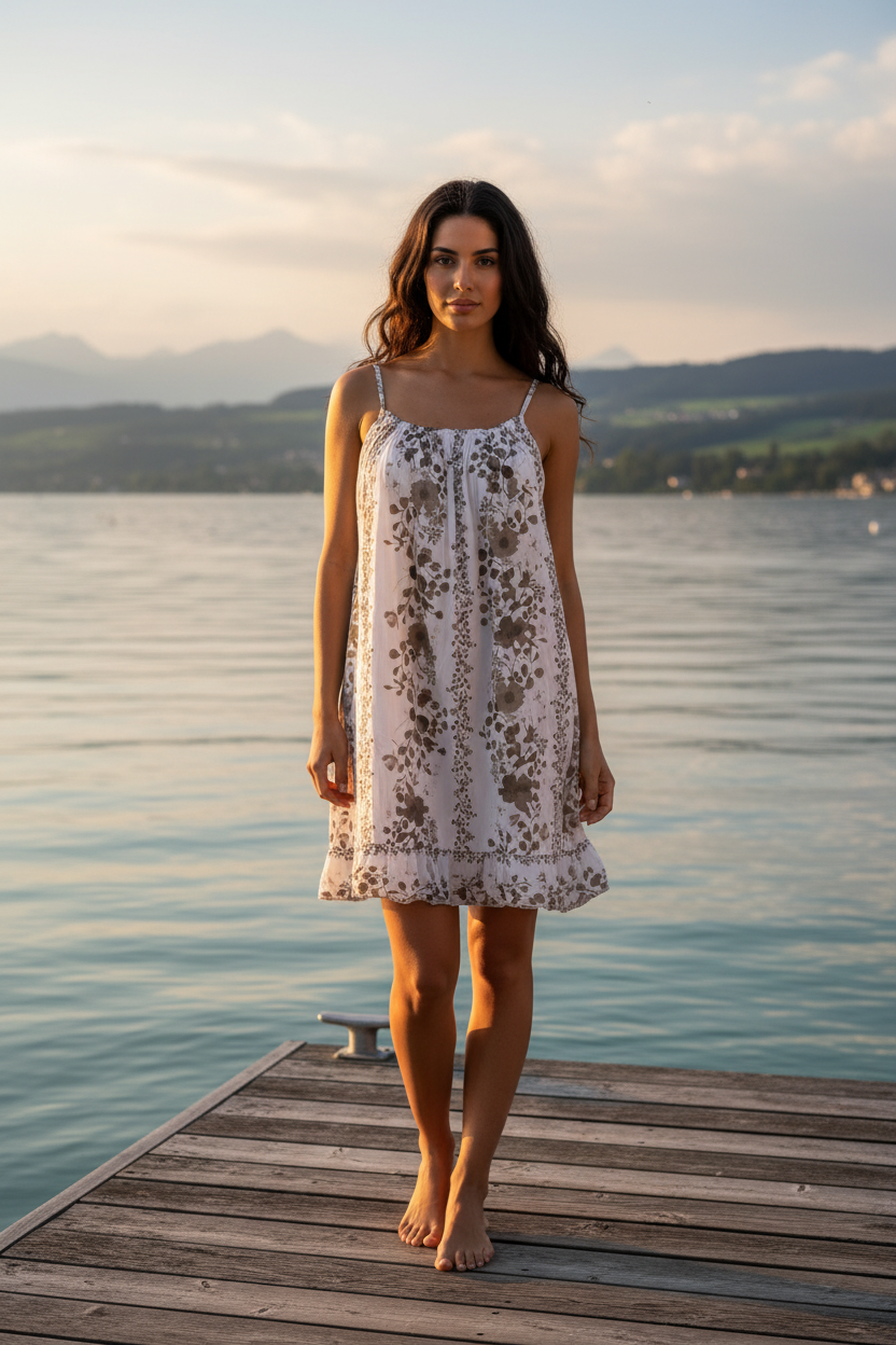 Sommerkleid Blumenprint Weiß Taupe Bodensee