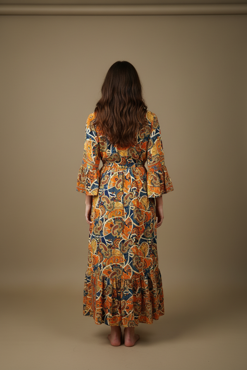 Boho Maxi Kleid Orange Navy Paisley – Rückseite