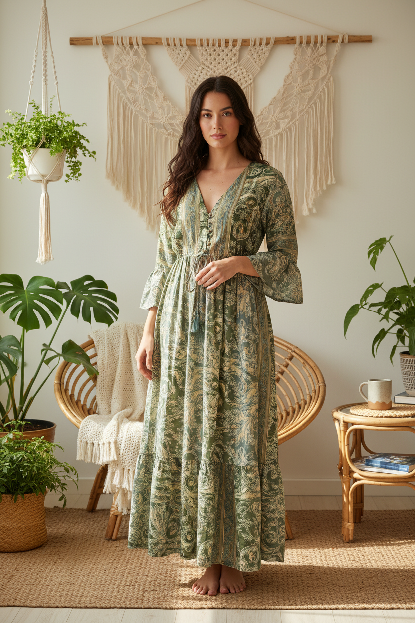 Boho Maxi Kleid Salbeigrün Creme Baroque Paisley – Boho Stehend