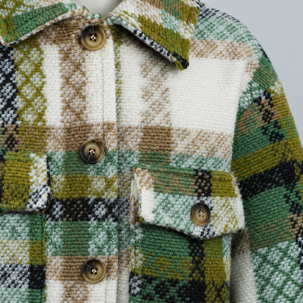 Karierte Oversize Jacke Shacket Grün-Mix – Knopf und Tasche Detail