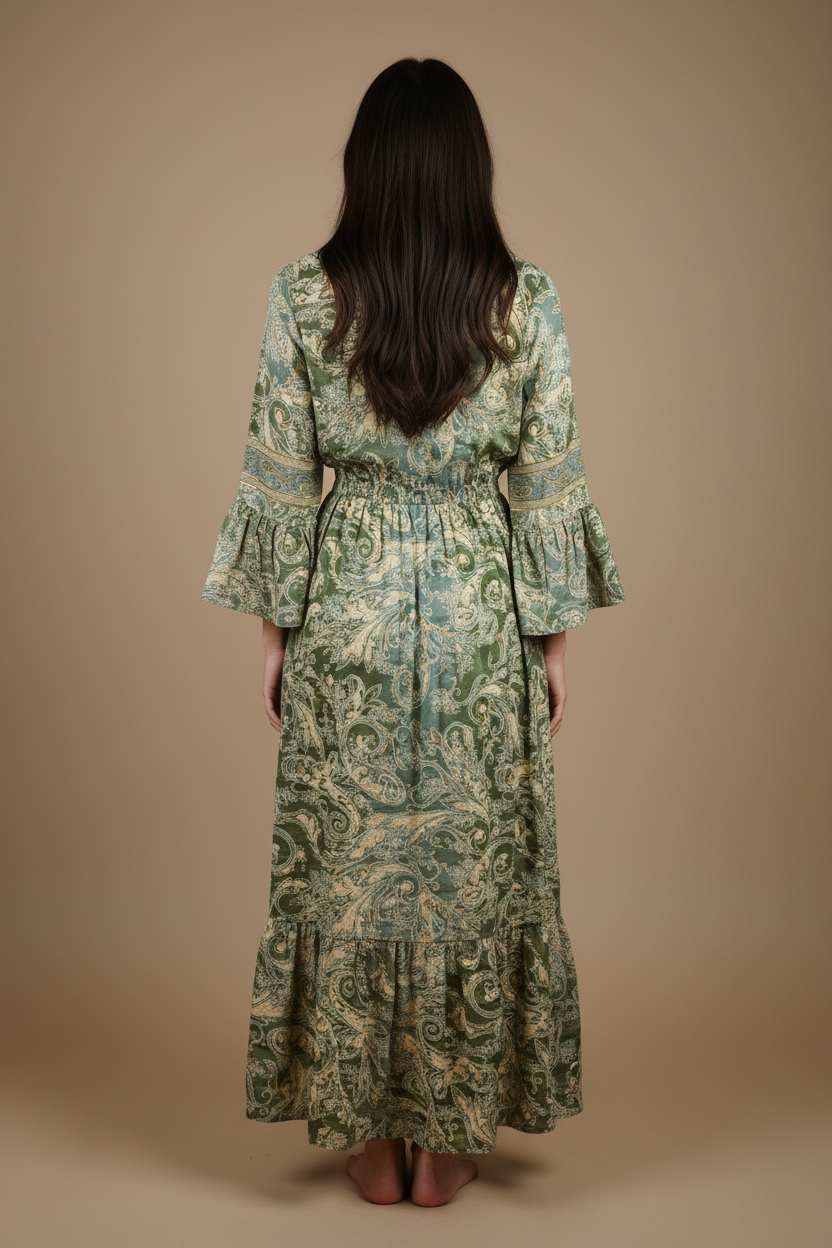 Boho Maxi Kleid Salbeigrün Creme Baroque Paisley – Rückseite