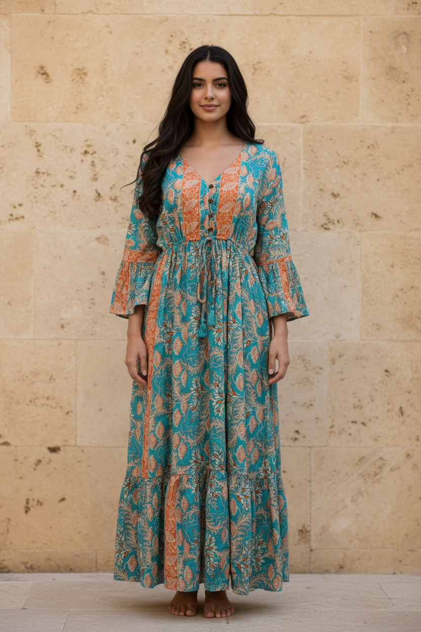Boho Maxi Kleid Türkis Orange Blockprint – Steinwand