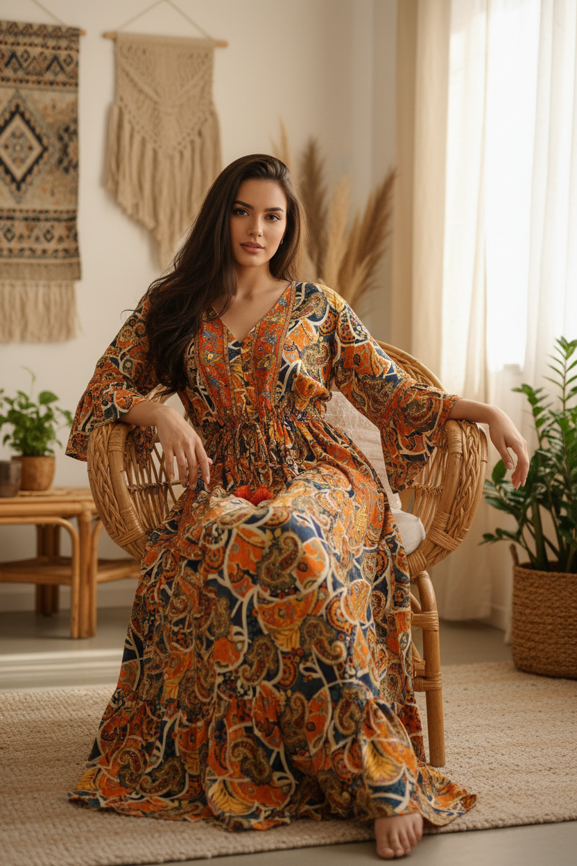 Boho Maxi Kleid Orange Navy Paisley – Sitzbild
