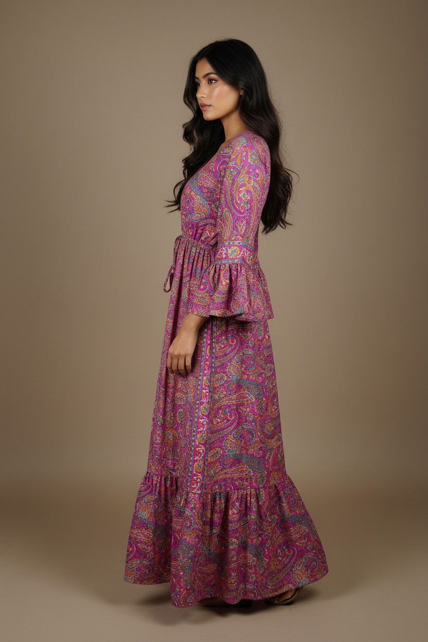 Boho Maxi Kleid Magenta Lila Paisley – Seitenansicht