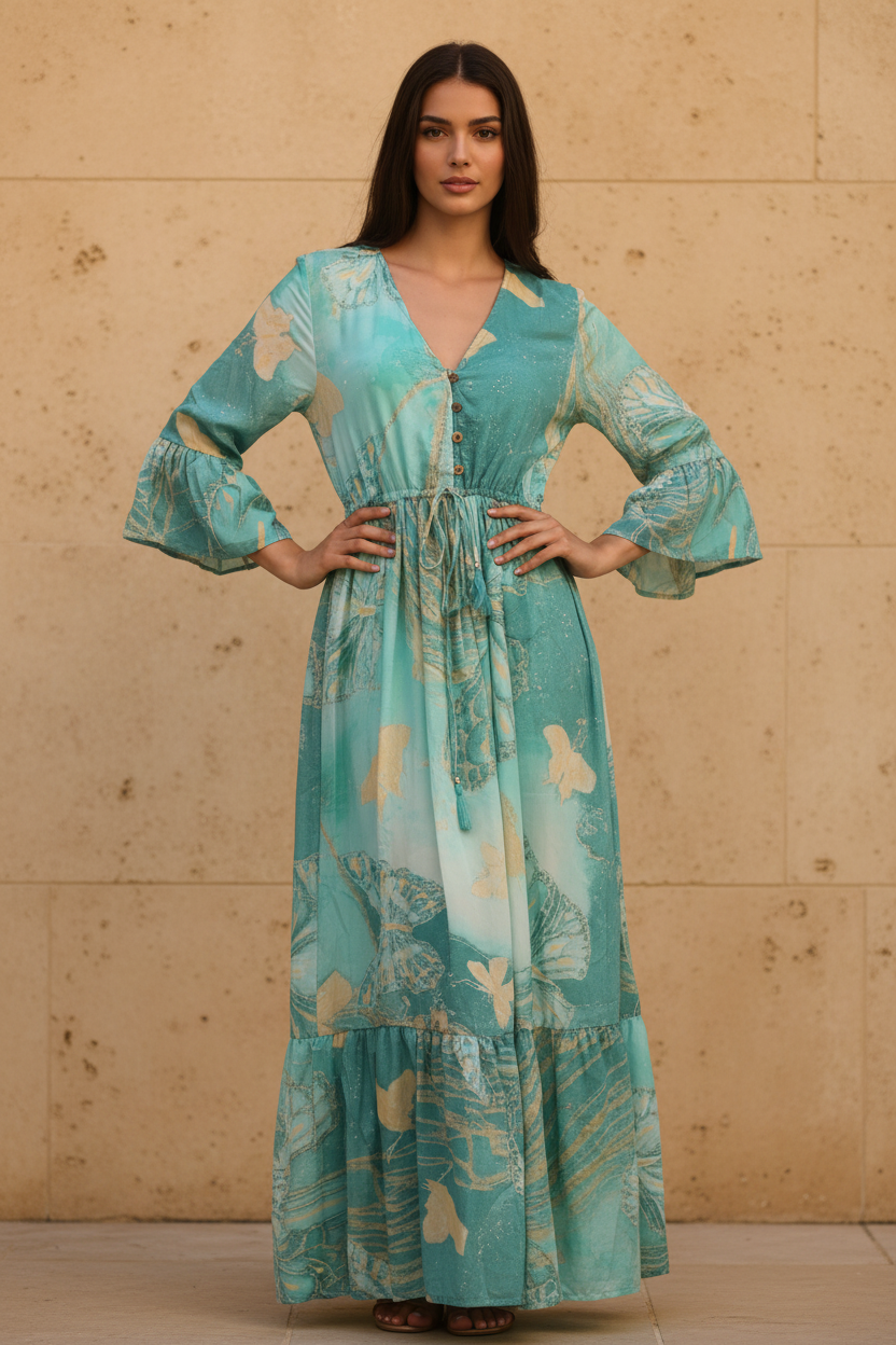 Boho Maxi Kleid Türkis Aqua Schmetterling – Steinwand