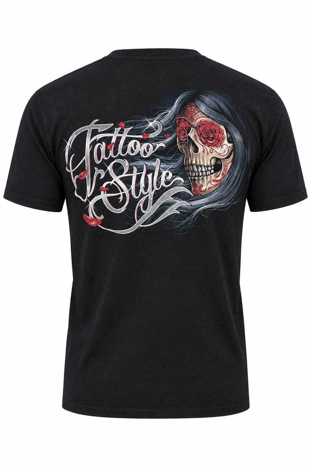 Rückseite des Sugar Skull Rose T-Shirts mit Tattoo-Style-Schriftzug