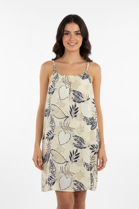 Sommerkleid Tropical Creme Navy Vorderansicht KI