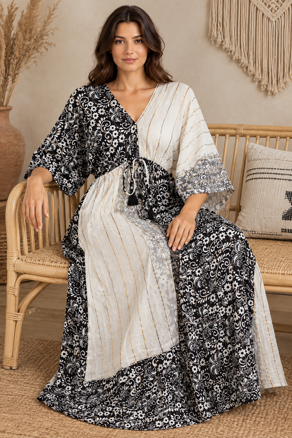 Boho Maxikleid Schwarz Weiß Patchwork – Sitzbild