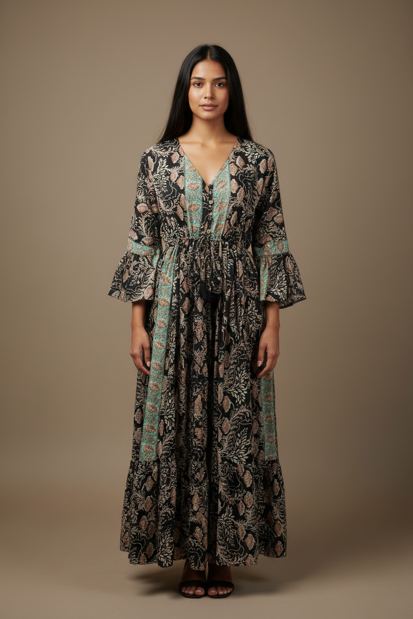 Boho Maxi Kleid Schwarz Mint Blockprint – Studio Hauptbild