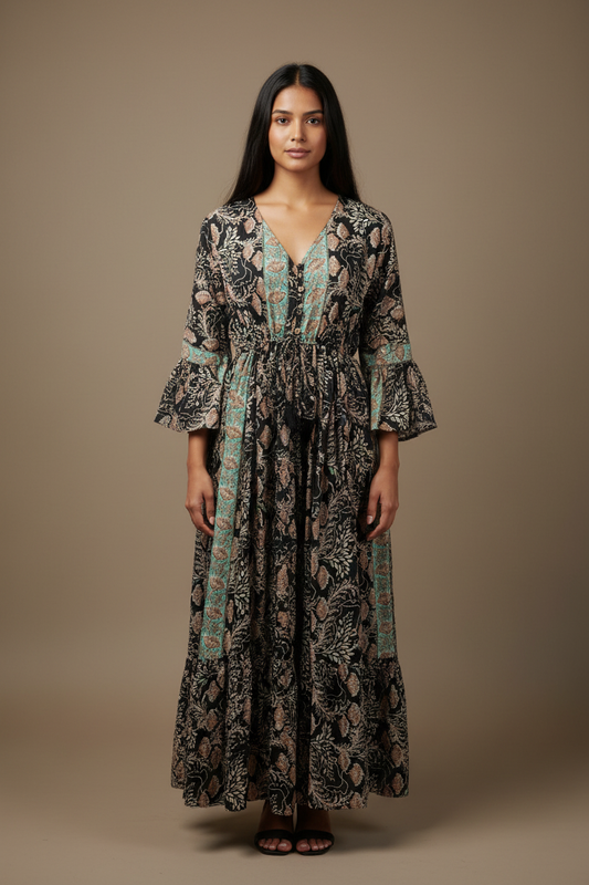 Boho Maxi Kleid Schwarz Mint Blockprint – Studio Hauptbild