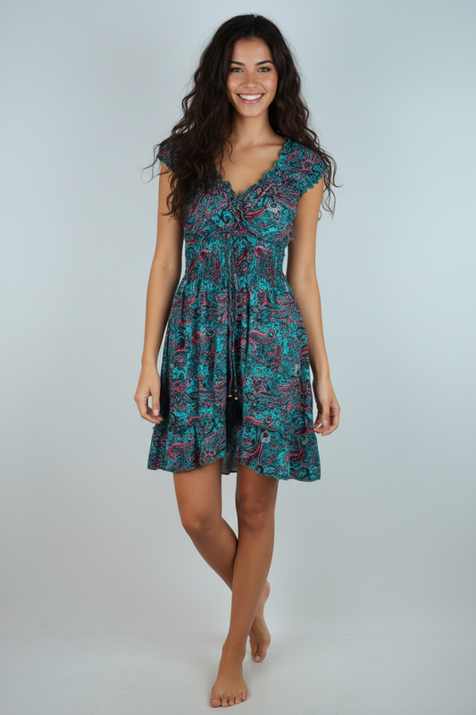 Sommerkleid Boho Türkis Paisley vorne