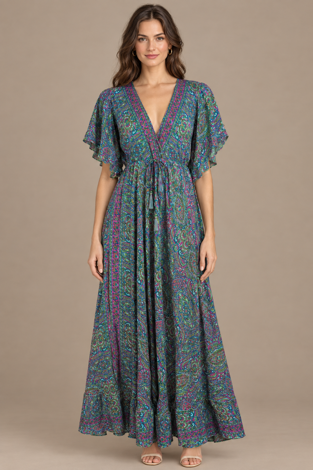 Boho Maxikleid Petrol Türkis Magenta – Studio Vorderansicht