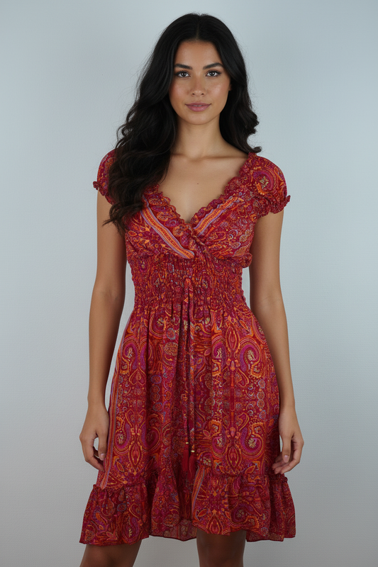 Sommerkleid Alia Rot/Orange – KI Model Vorderseite