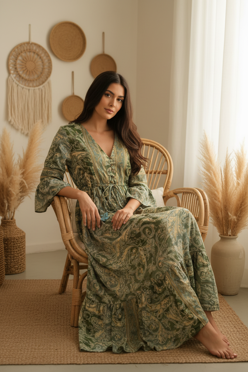 Boho Maxi Kleid Salbeigrün Creme Baroque Paisley – Sitzbild