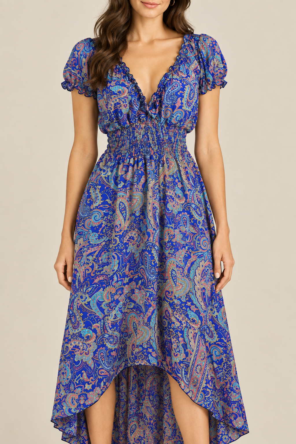Boho Kleid Paisley-Mix – Detailansicht von Ausschnitt, Taille und Rockstufe