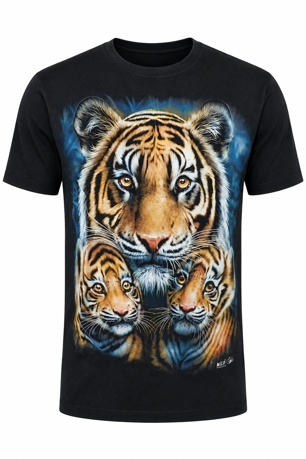 Schwarzes Tiger Family T-Shirt mit Tigermutter und zwei Jungtieren