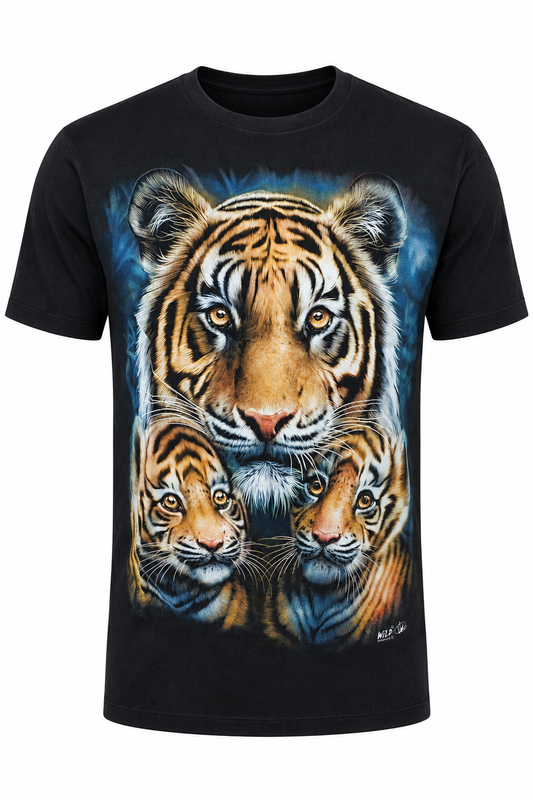 Schwarzes Tiger Family T-Shirt mit Tigermutter und zwei Jungtieren