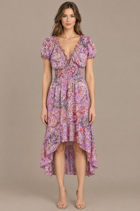 Boho Kleid in Flieder und Rosa – Vorderansicht im Studio