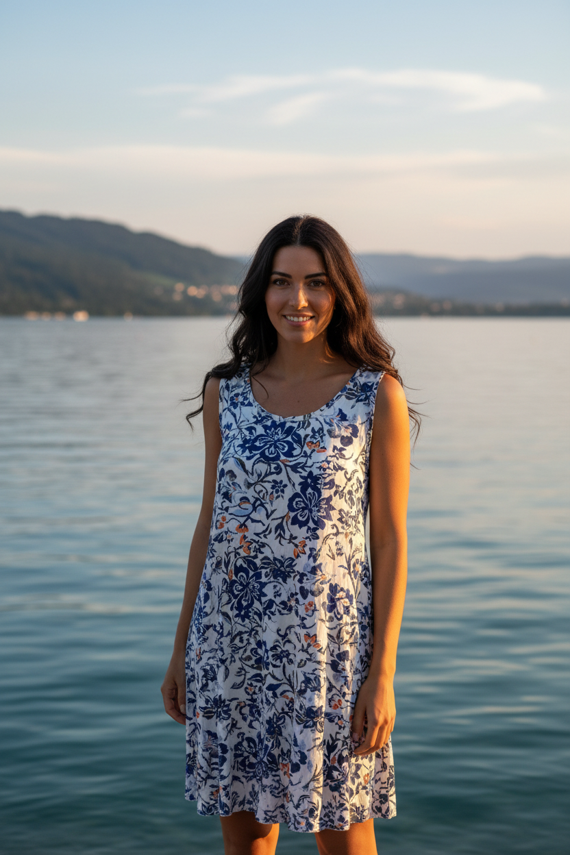 Sommerkleid Blumenprint Weiß/Blau Bodensee Lifestyle