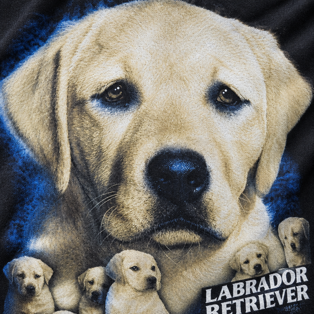 Detailaufnahme von Labradoraugen, Nase, Fell und schwarzem Baumwollstoff