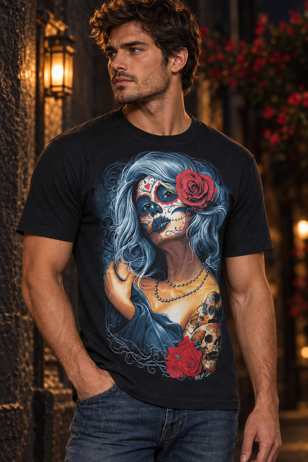 Model trägt das Sugar Skull Rose Tattoo Style T-Shirt in einer nächtlichen urbanen Szene