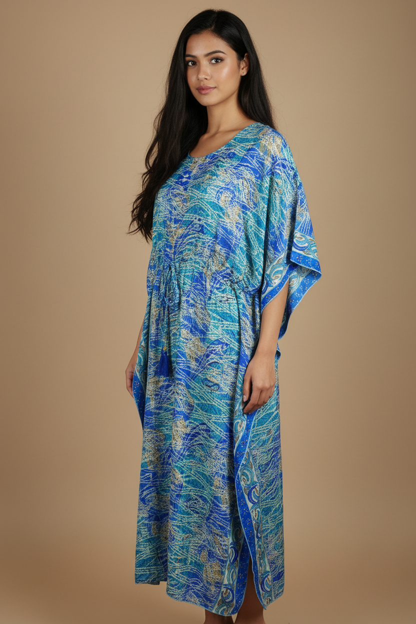 Boho Kaftan Blau Türkis Ozean Paisley – Seitenansicht Studio