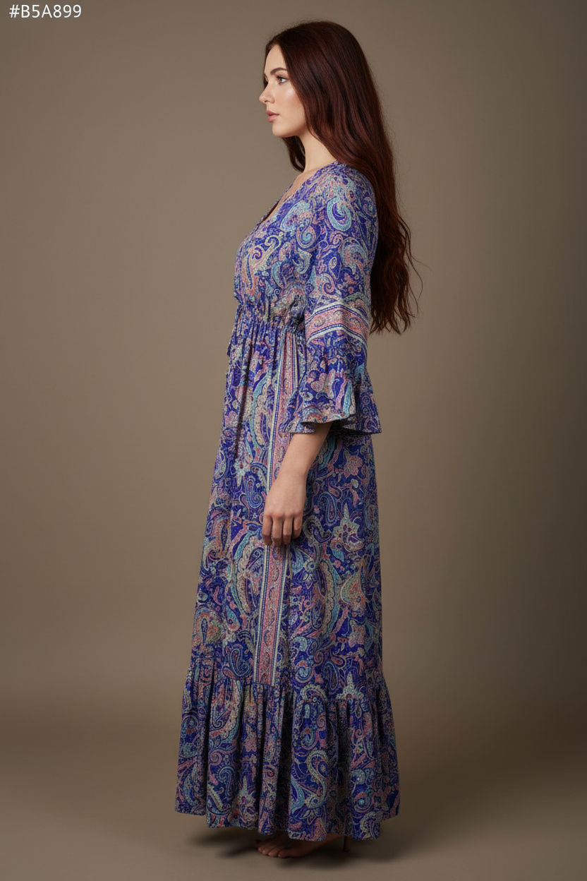 Boho Maxi Kleid Royal-Blau Paisley – Seitenansicht