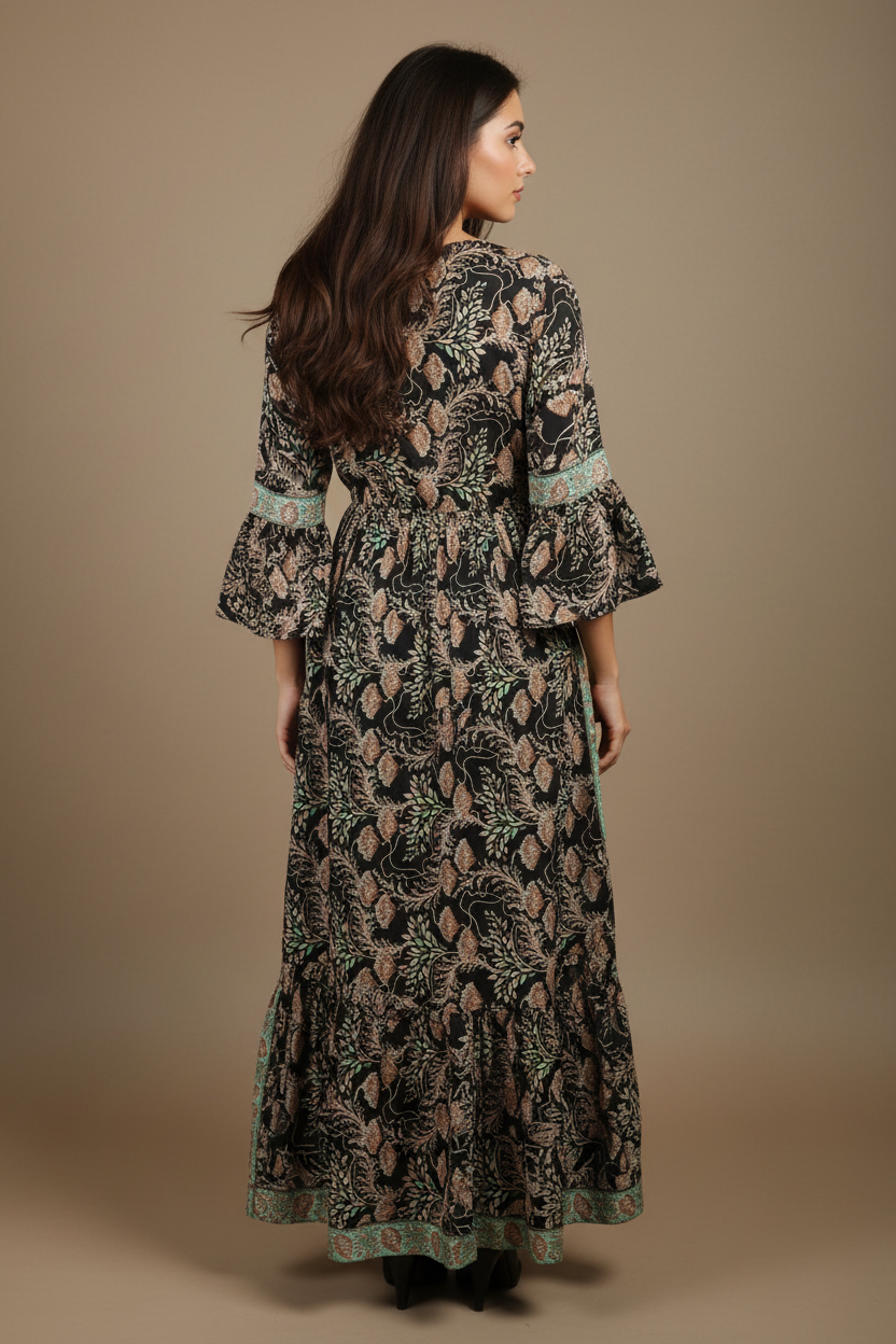 Boho Maxi Kleid Schwarz Mint Blockprint – Rückseite