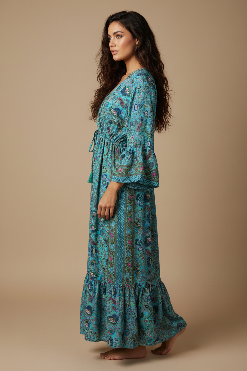 Boho Maxi Kleid Türkis Paisley – Seitenansicht